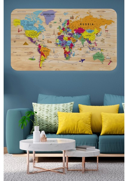 - Ahşap Görünümlü Eğitici Detaylı Atlası Dünya Haritası Duvar STICKER -60X105-3842