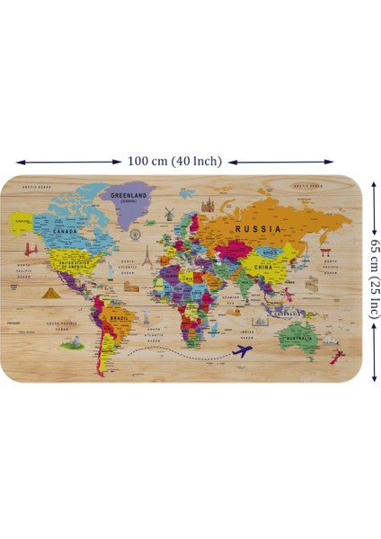 - Ahşap Görünümlü Eğitici Detaylı Atlası Dünya Haritası Duvar STICKER -60X105-3842