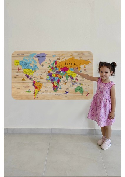 - Ahşap Görünümlü Eğitici Detaylı Atlası Dünya Haritası Duvar STICKER -60X105-3842