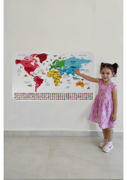 - Türkçe Ülke Bayrak Lı Eğitici Başkent Detaylı Atlası Dünya Haritası Duvar STICKER -60X105-3861