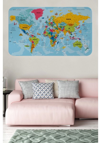 - Türkçe Eğitici Ülke ve Başkent Okyanus Detaylı Atlası Dünya Haritası Duvar STICKER -60X105-3864