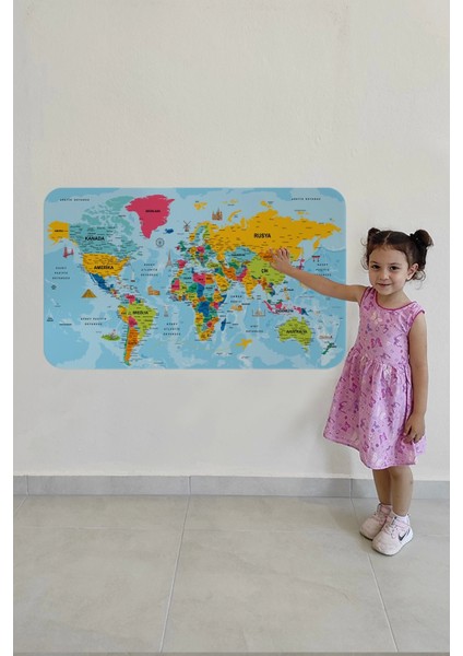 - Türkçe Eğitici Ülke ve Başkent Okyanus Detaylı Atlası Dünya Haritası Duvar STICKER -60X105-3864