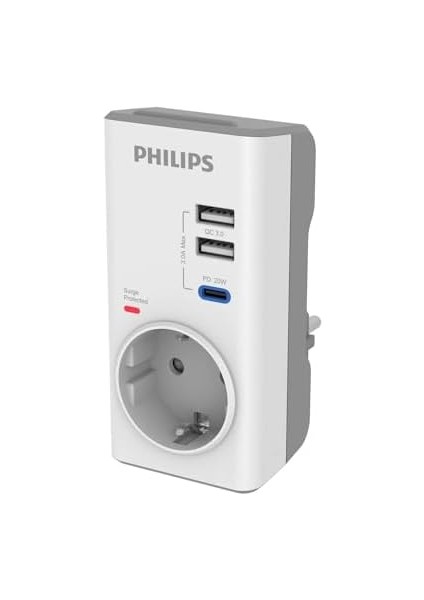 CHP8010W Tekli Akım Koruma Priz, 380J, 2x Usb-A Out, 1x Usb-C Out (Pd & Qc 3.0), Beyaz