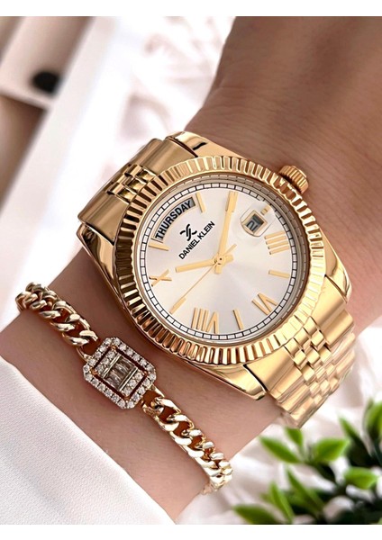 Çelik Kordon Takvimli Kadran 30 mt Suya Dayanıklı Kadın Kol Saati+Bileklik BFG.10038.G2