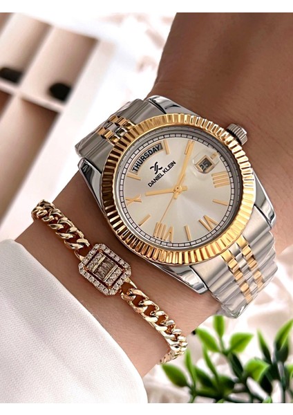 Çelik Kordon Takvimli Kadran 30 mt Suya Dayanıklı Kadın Kol Saati+Bileklik BFG.10038.G3