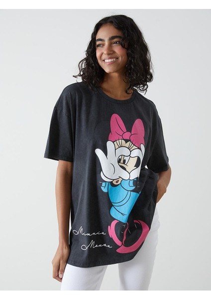 Xsıde Bisiklet Yaka Minnie Mouse Baskılı Kadın Tişört
