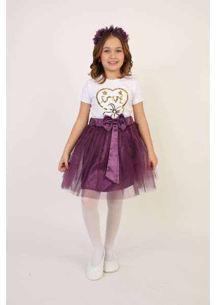 Kız Çocuk Love Kalpli Tişört Lila Tütü Etek Takım 23 Nisan 29 Ekim Gösteri Kıyafeti