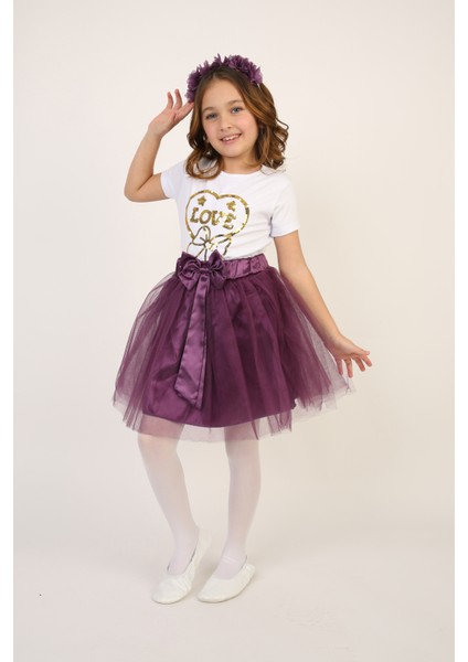 Kız Çocuk Love Kalpli Tişört Lila Tütü Etek Takım 23 Nisan 29 Ekim Gösteri Kıyafeti fırsatları