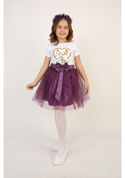 Kız Çocuk Love Kalpli Tişört Lila Tütü Etek Takım 23 Nisan 29 Ekim Gösteri Kıyafeti indirimleri