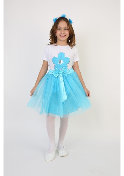 Kız Çocuk Turkuaz Pullu Çiçek Tişört Turkuaz Tütü Etek Takım 23 Nisan 29 Ekim Gösteri Kıyafeti