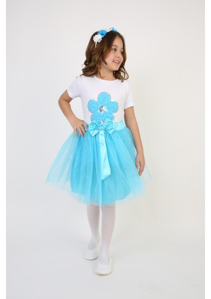 Kız Çocuk Turkuaz Pullu Çiçek Tişört Turkuaz Tütü Etek Takım 23 Nisan 29 Ekim Gösteri Kıyafeti indirimleri