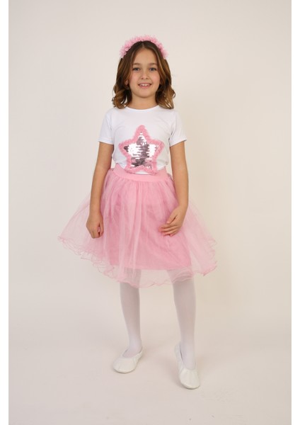 Kız Çocuk Pembe Pullu Yıldız Tişört Pembe Tütü Etek Takım 23 Nisan 29 Ekim Gösteri Kıyafeti