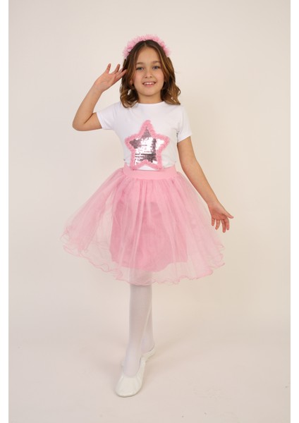 Kız Çocuk Pembe Pullu Yıldız Tişört Pembe Tütü Etek Takım 23 Nisan 29 Ekim Gösteri Kıyafeti fırsatları