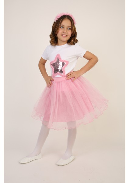 Kız Çocuk Pembe Pullu Yıldız Tişört Pembe Tütü Etek Takım 23 Nisan 29 Ekim Gösteri Kıyafeti indirimleri