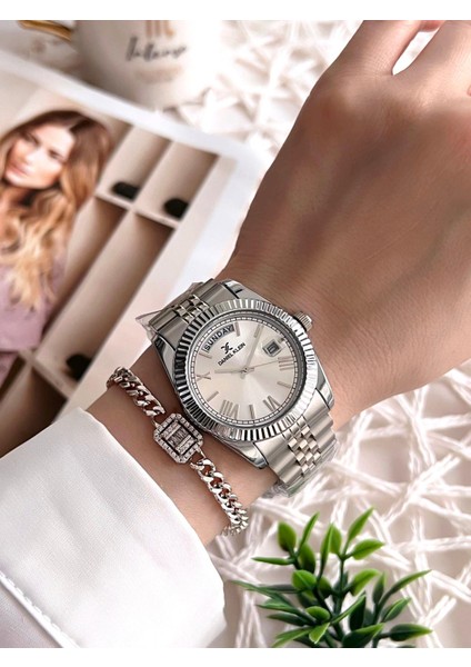 Çelik Kordon Takvimli Kadran 30 mt Suya Dayanıklı Kadın Kol Saati+Bileklik BFG.10038.G1 fiyatları