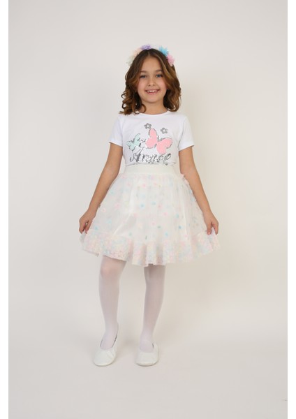 Kız Çocuk Kelebek Desenli Tişört Renkli Puantiyeli Etek Takım 23 Nisan 29 Ekim Gösteri Kıyafeti