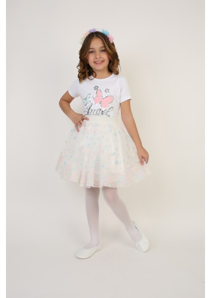 Kız Çocuk Kelebek Desenli Tişört Renkli Puantiyeli Etek Takım 23 Nisan 29 Ekim Gösteri Kıyafeti modelleri