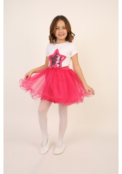 Kız Çocuk Fuşya Pullu Yıldız Tişört Fuşya Tütü Etek Takım 23 Nisan 29 Ekim Gösteri Kıyafeti modelleri