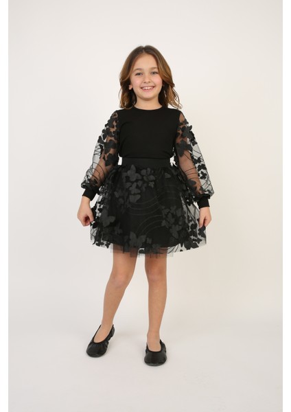 Kız Çocuk Siyah Kelebek Desenli Tişört Etek Takım 23 Nisan 29 Ekim Gösteri Kıyafeti