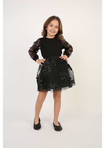 Kız Çocuk Siyah Kelebek Desenli Tişört Etek Takım 23 Nisan 29 Ekim Gösteri Kıyafeti fırsatları