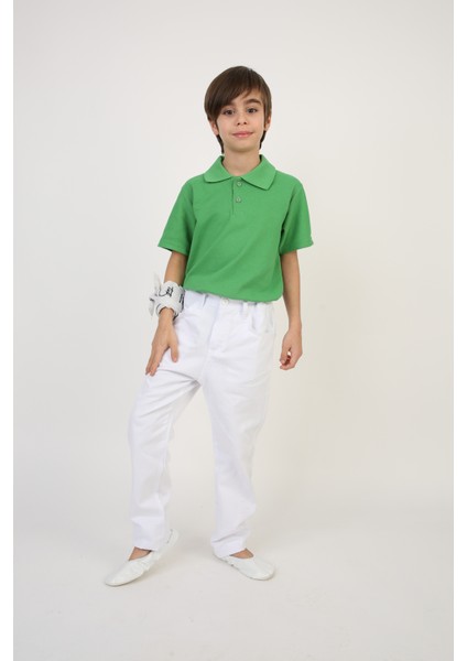 Erkek Çocuk Yeşil Kısa Kol Polo Yaka Tişört Beyaz Pantolon Takım 23 Nisan 29 Ekim Gösteri Kıyafeti
