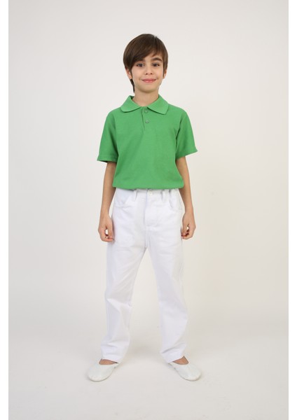 Erkek Çocuk Yeşil Kısa Kol Polo Yaka Tişört Beyaz Pantolon Takım 23 Nisan 29 Ekim Gösteri Kıyafeti modelleri