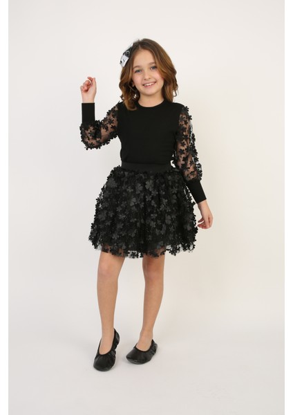 Kız Çocuk Siyah Çiçek Desenli Tişört Etek Takım 23 Nisan 29 Ekim Gösteri Kıyafeti modelleri