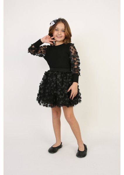 Kız Çocuk Siyah Çiçek Desenli Tişört Etek Takım 23 Nisan 29 Ekim Gösteri Kıyafeti fırsatları