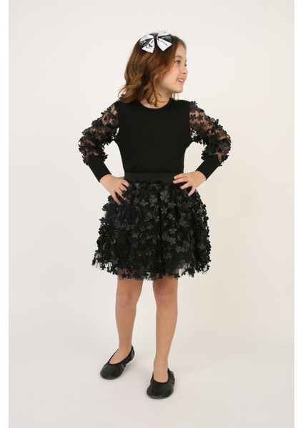 Kız Çocuk Siyah Çiçek Desenli Tişört Etek Takım 23 Nisan 29 Ekim Gösteri Kıyafeti indirimleri