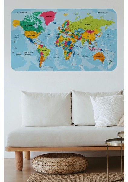 - Türkçe Eğitici Ülke ve Başkent Okyanus Detaylı Atlası Dünya Haritası Duvar STICKER -60X105-3870