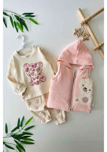 Sevimli Ayıcıl Desenli Kız Bebe Şişme Yelekli 3 lü takım - Bej