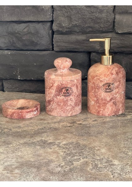 3'lü Set Kırmızı Traverten Doğal Taş Sıvı Sabunluk, Makyaj Pamukluğu Katı Sabunluk fiyatları