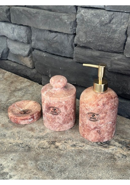 3'lü Set Kırmızı Traverten Doğal Taş Sıvı Sabunluk, Makyaj Pamukluğu Katı Sabunluk modelleri