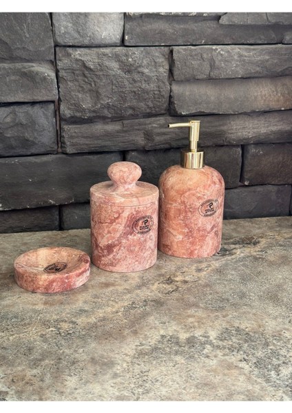 3'lü Set Kırmızı Traverten Doğal Taş Sıvı Sabunluk, Makyaj Pamukluğu Katı Sabunluk fırsatları