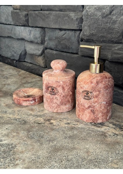 3'lü Set Kırmızı Traverten Doğal Taş Sıvı Sabunluk, Makyaj Pamukluğu Katı Sabunluk indirimleri