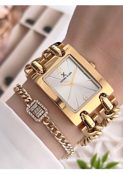 Çelik Zincir Tasarım Kordonlu 30 mt Suya Dayanıklı Kadın Kol Saati+Bileklik B.10036.S2