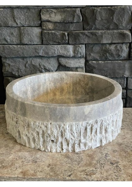 Silver Traverten Taş Dekoratif Patlatma Modeli Lavabo