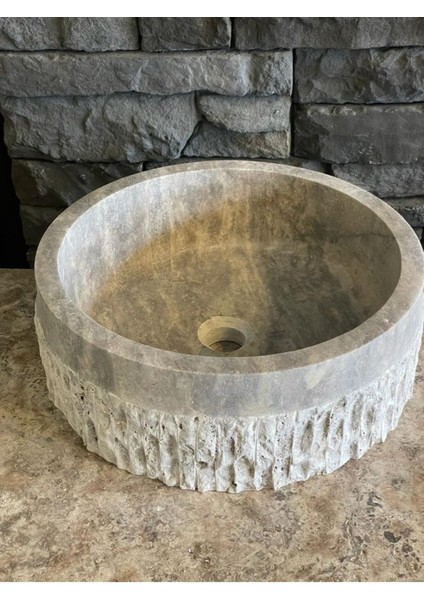 Silver Traverten Taş Dekoratif Patlatma Modeli Lavabo