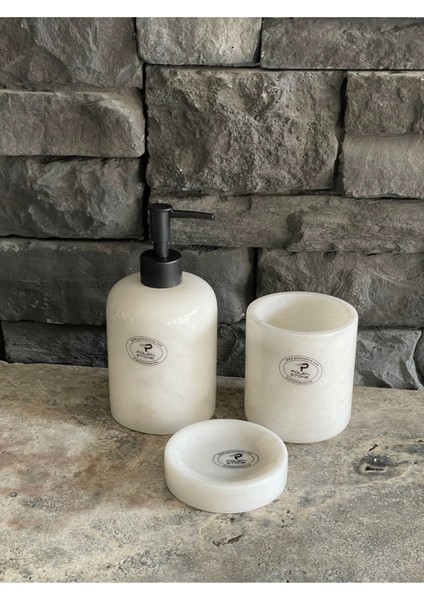 Beyaz Mermer Sıvı Sabunluk, Diş Fırçalığı. Katı Sabunluk 3'lü Set. Siyah Aksesuarlı