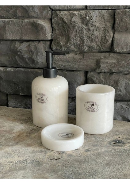 Beyaz Mermer Sıvı Sabunluk, Diş Fırçalığı. Katı Sabunluk 3'lü Set. Siyah Aksesuarlı fiyatları