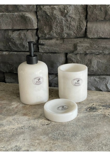 Beyaz Mermer Sıvı Sabunluk, Diş Fırçalığı. Katı Sabunluk 3'lü Set. Siyah Aksesuarlı modelleri