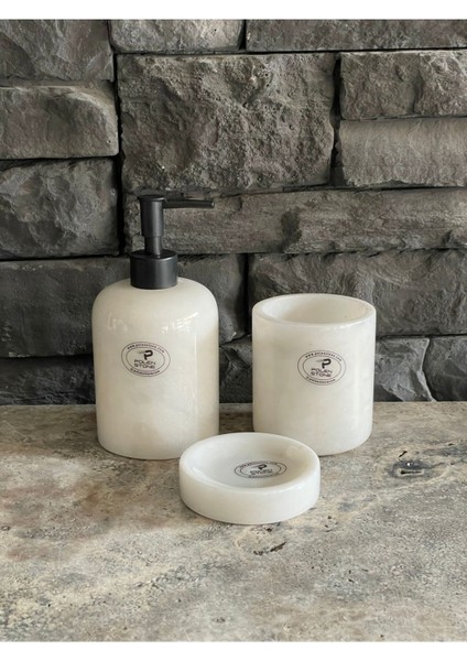 Beyaz Mermer Sıvı Sabunluk, Diş Fırçalığı. Katı Sabunluk 3'lü Set. Siyah Aksesuarlı fırsatları