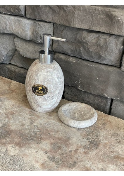 Silver Traverten Oval Model Sıvı Sabunluk ve Katı Sabunluklu 2’li Set
