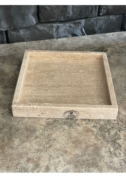 Light Bej Traverten Kare Tepsi 22X22 Sunumluk/nişan Söz Tepsisi