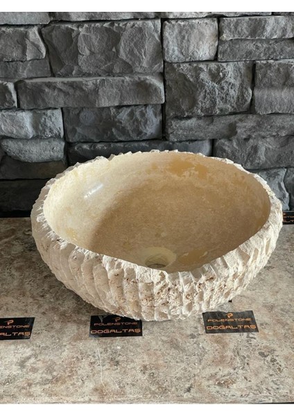 Traverten Doğal Taş Patlatma Modeli Çanak Lavabo 42X15