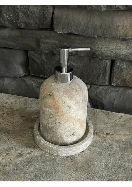 Yeni Silver Traverten Doğal Taş Tepsili Sıvı Sabunluk Seti modelleri