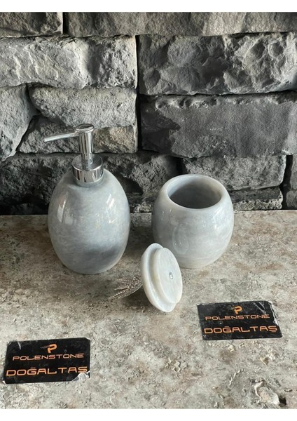 Elips Model Mermer Sıvı Sabunluk ve Kapaklı Pamukluk 2'li Set