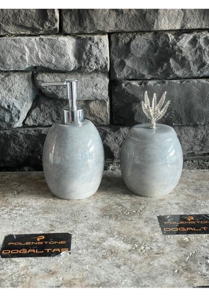 Elips Model Mermer Sıvı Sabunluk ve Kapaklı Pamukluk 2'li Set modelleri