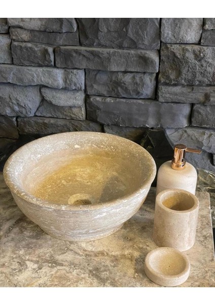 Traverten Lavabo, Sıvı Sabunluk, Diş Fırçalığı, Katı Sabunluk 4,lü Set
