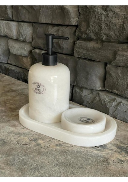Beyaz Mermer Sıvı Sabunluk, Oval Tepsi. Katı Sabunluk 3'lü Set Siyah Aksesuarlı